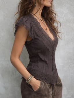 Women Boho Deep V Lace Trim Flutter Sleeve Purple Blouse For Women Sheer Tie Waist Vintage Cropped Summer Vacation Top