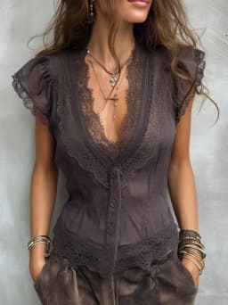 Women Boho Deep V Lace Trim Flutter Sleeve Purple Blouse For Women Sheer Tie Waist Vintage Cropped Summer Vacation Top