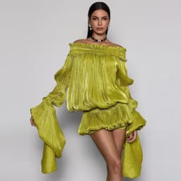 Women's Y2k Off Shoulder Pleated Mini Dress Elegant Lime Green Flare Long Sleeve Ruffle Hem Bubble Vestidos Date Party Dresses