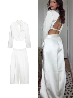 TFMLN Fashion Women's Satin Blazer Pants Set Lapel Backless Short Jacket Balloon Wide Leg Pant 2026 New Solid Casual Suit