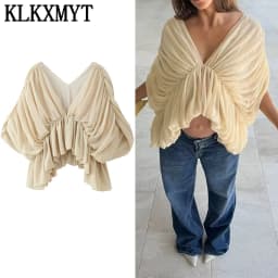 KLKXMYT Elegant Cascading Pleated Asymmetry Blouse Women Loose Chic Batwing Sleeve V Neck Tops 2026 Summer Lady New Blouses 