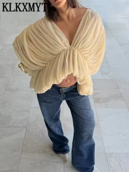 KLKXMYT Elegant Cascading Pleated Asymmetry Blouse Women Loose Chic Batwing Sleeve V Neck Tops 2026 Summer Lady New Blouses 