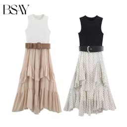 BSAY Elegant Date Party Women Sleeveless Maxi Dress Polka Dot Tiered Ruffle Asymmetrical Hem With Belt Flowy Evening Long Dress