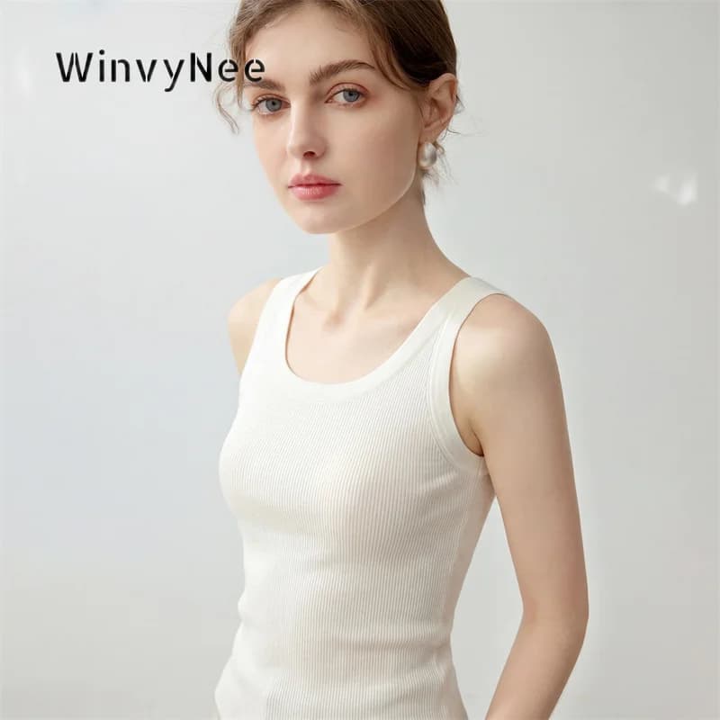 WinvyNee Women Pure Worsted Wool Camisole Solid Striped Round Neck Soft Cool Elegant Autumn Winter Knit Sling Vest ZC1817010