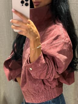 Fashion Dusty Pink Long Sleeve Faux Suede Jackets Women Oversized Stand Collar Zip Up Casual Coat 2026 Autumn New Commute Outfit