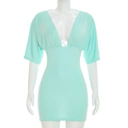 Shestyle Blue V Neck Short Sleeve Dresses Women Sheath Stretchy High Waist Backless Sexy Cleavage 2026 New Stylish Trendy