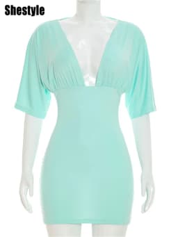 Shestyle Blue V Neck Short Sleeve Dresses Women Sheath Stretchy High Waist Backless Sexy Cleavage 2026 New Stylish Trendy