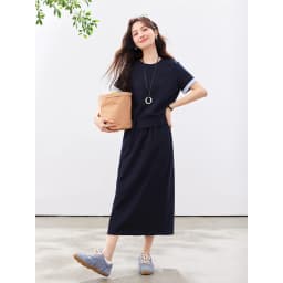 VIMLY Navy Casual Office Women's Suit 2026 Summer Contrast Folded Cuff Short Sleeve Tee Elastic Waist Straight Skirt Sets A6390