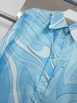 VGH Casual Boho Style Blue Print Satin Two Piece Set for Women Lapel Long Sleeve Shirt Wide Leg Pants Outfit for Beach Vacations
