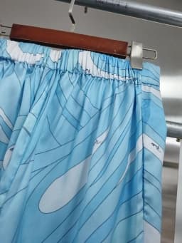 VGH Casual Boho Style Blue Print Satin Two Piece Set for Women Lapel Long Sleeve Shirt Wide Leg Pants Outfit for Beach Vacations