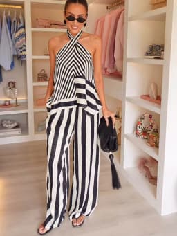 TFMLN 2026 Women's Stripe Halter Top Pant Set Sleeveless Backless Cross Neck Vest Wide Lag Pants Contrast Color Lady Suits