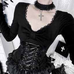 AltGoth Fairycore Grunge Gothic Corset T-shirt Women Aesthetic Vintage Dark Sweet Lace Patchwork High Waist Bandage Tee Tops