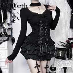 AltGoth Fairycore Grunge Gothic Corset T-shirt Women Aesthetic Vintage Dark Sweet Lace Patchwork High Waist Bandage Tee Tops