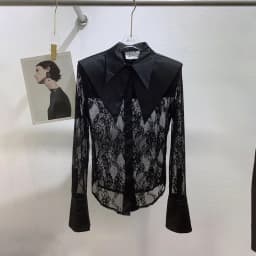 TWOTWINSTYLE Mesh Spliced Lace Slimming Sexy Blouse for Women Lapel Collar Long Sleeve Patchwork Sheer Casual Blouses Female New