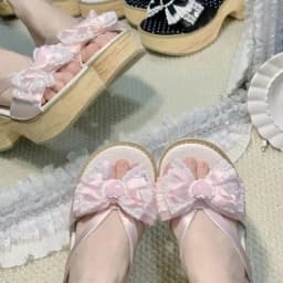 Sweet Bow Wood Grain Thick Bottom Platform Slippers Women Summer Japanese Cos Comfortable High Heeled Sandals