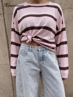 Hirsionsan 2026 Basic Stripes Knitted T Shirts Women Autumn Long Sleeves Loose Tops Ladies Casual Knitted Cotton Woman Clothing
