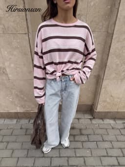 Hirsionsan 2026 Basic Stripes Knitted T Shirts Women Autumn Long Sleeves Loose Tops Ladies Casual Knitted Cotton Woman Clothing