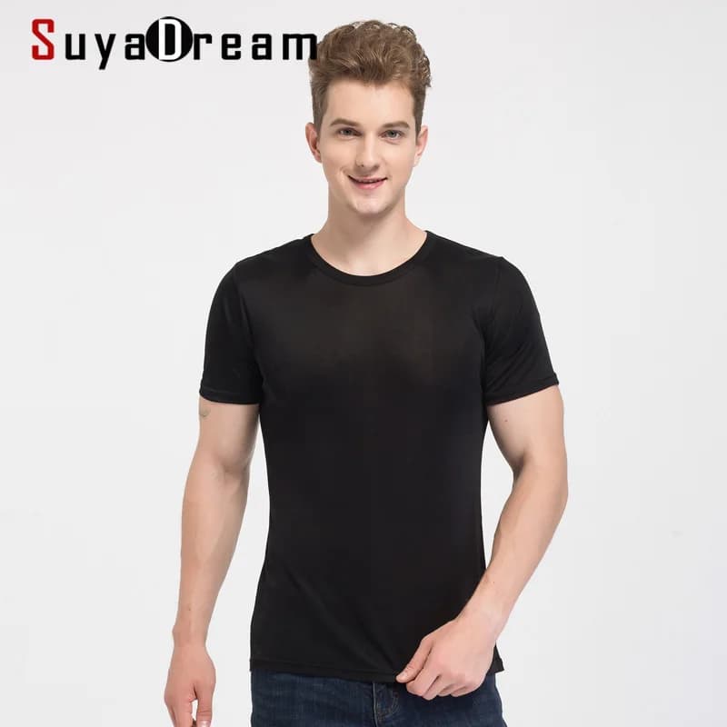 SuyaDream Mens T shirt knitted Natural Silk Solid O neck Short Sleeved Solid Tee Beige White Navy 2025 New Spring Summer Top