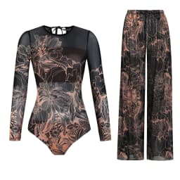 Women's Long Sleeve Swimwear Sunscreen One Piece Swimsuit High Elastic Thickened Mesh Loose Pants SPF35+ New Fitness Beachwear
