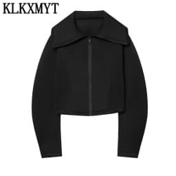 KLKXMYT Women's Lapel Zipper Jacket Elegant Long Sleeve Waist Slim Cropped Coat Women 2026 Autumn Chic Casual Street Outerwear 