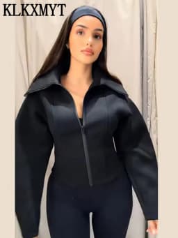KLKXMYT Women's Lapel Zipper Jacket Elegant Long Sleeve Waist Slim Cropped Coat Women 2026 Autumn Chic Casual Street Outerwear 