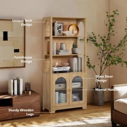 71' Tall Bookshelf and Bookcase, 5-Tier Arched Bookshelf with Glass Doors, Floor Standing 5 Shelf Book Case, Customized