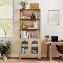 71' Tall Bookshelf and Bookcase, 5-Tier Arched Bookshelf with Glass Doors, Floor Standing 5 Shelf Book Case, Customized