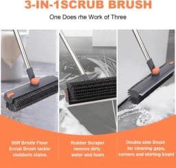 3 in 1 Floor Scrub Brush,Floor Scrubber with Squeegee and Tweezer, Push Broom with Long Handle,Heavy-Duty Stiff 90° Bristle Broom for Patio,Shower, Garage,Deck,Tile, Concrete & Wood Surface