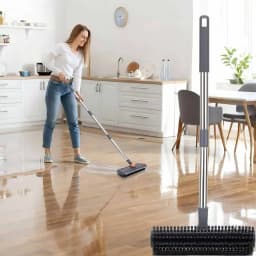 3 in 1 Floor Scrub Brush,Floor Scrubber with Squeegee and Tweezer, Push Broom with Long Handle,Heavy-Duty Stiff 90° Bristle Broom for Patio,Shower, Garage,Deck,Tile, Concrete & Wood Surface
