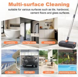 3 in 1 Floor Scrub Brush,Floor Scrubber with Squeegee and Tweezer, Push Broom with Long Handle,Heavy-Duty Stiff 90° Bristle Broom for Patio,Shower, Garage,Deck,Tile, Concrete & Wood Surface