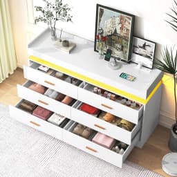 6 Drawer Dresser with Charging Station and LED Lights, Modern Chest of Drawers with Power Outlet, Organizer Cabinet, Customized
