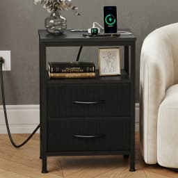 JHK 2 Fabric Drawers Night Stand with Open Shelf Bedside Table with USB Ports Charging Station Storage End Table for Living Room