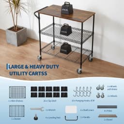 3-Tier Kitchen Island Cart With Wheels, 35.43in Heavy Duty Microwave Stand, Wood Top, Locking Utility Storage Cart For Home Bar