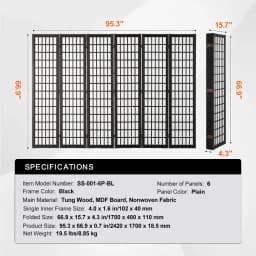 6 Panel Japanese Room Divider Folding Privacy Screen Indoor Portable Partition Dividers and Decoration Screens for Room Separat