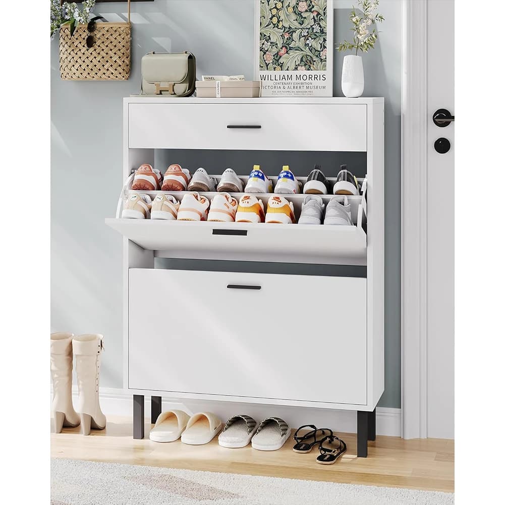 Shoe Storage Cabinet with Dual Flip Drawers, Space-Saving Shoe Organizer for Entryway, Hallway, or Mudroom, Hidden Shoe Rack Cup