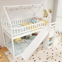Twin Over Twin Bunk Bed with Slide Stairs Storage Shelves Wood Floor Bed for Kids Teens No Box Spring White, Customized