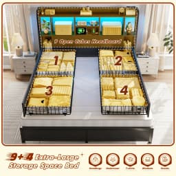 EnHomee Bed Frame with 4 Large Drawers & Charging Station & LED Lights Metal Platform Bed with 51" Tall Bookcase Headboard 9 Compartments, No Box Spring Needed, No Noise