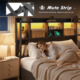 EnHomee Bed Frame with 4 Large Drawers & Charging Station & LED Lights Metal Platform Bed with 51" Tall Bookcase Headboard 9 Compartments, No Box Spring Needed, No Noise