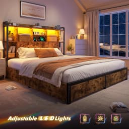 EnHomee Bed Frame with 4 Large Drawers & Charging Station & LED Lights Metal Platform Bed with 51" Tall Bookcase Headboard 9 Compartments, No Box Spring Needed, No Noise