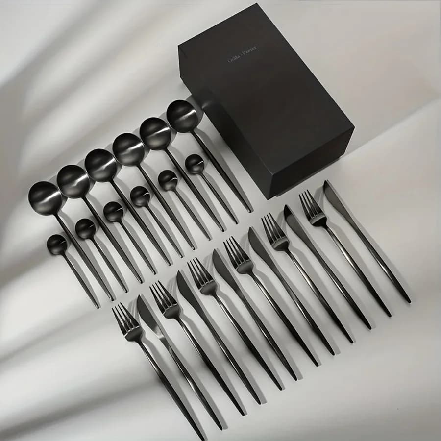 24-Piece Silverware Set for 6, Stainless Steel Flatware Set Matte Black , Modern Brushed Thick Cutlery Set with Spoons Forks