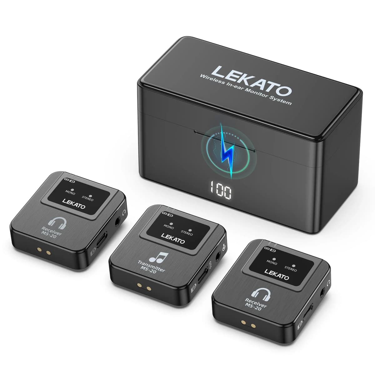 LEKATO Wireless IEM System-1 Transmitter to 10Receivers,30H Case,150ft Range for Live Band Low-Latency2.4G with OTG Input(MS-20)