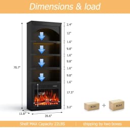 71" Arched 4-Tier Floor Bookshelf with Electric Fireplace & LED, Living Room, 750W/1500W, Black, Customized