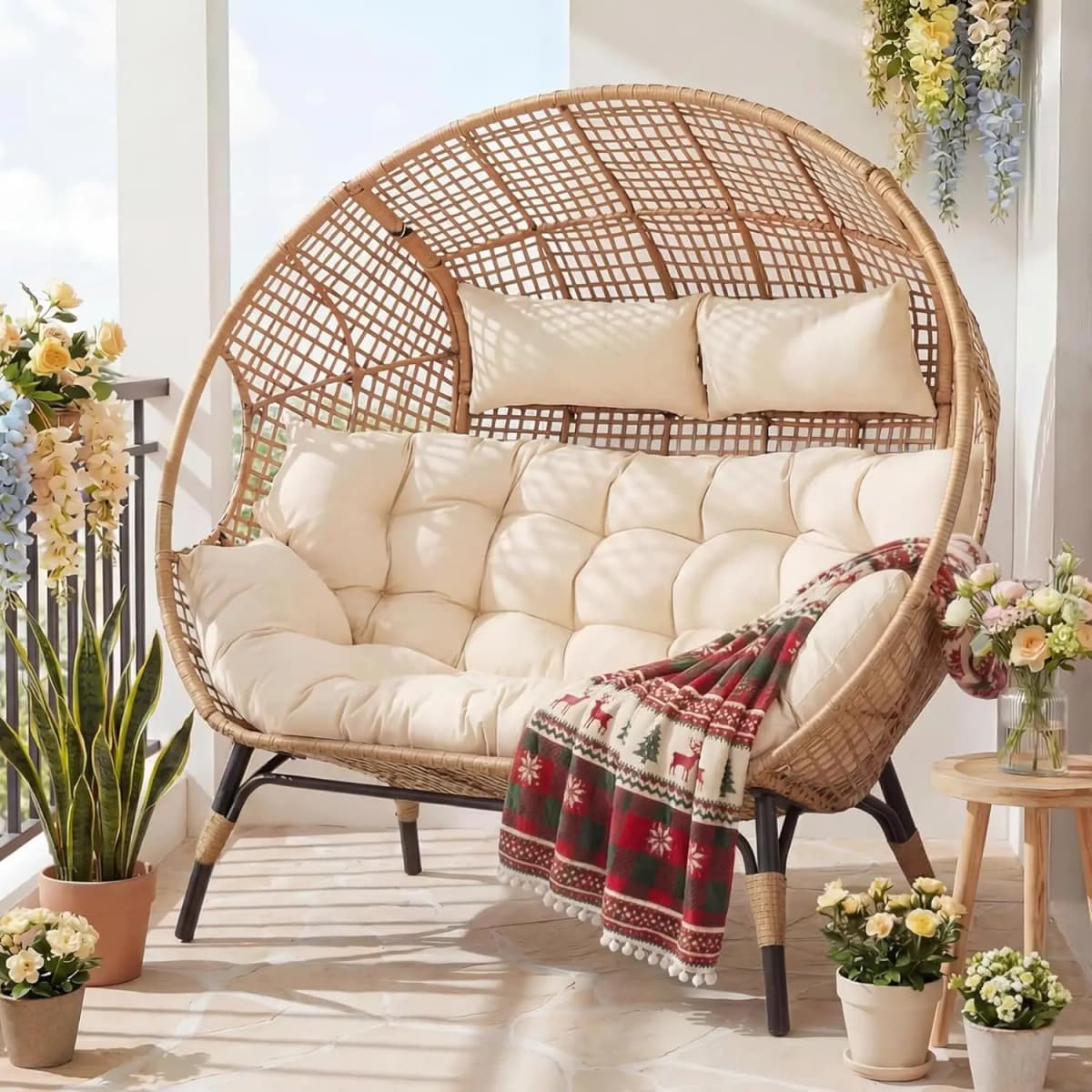 Oversized Double Egg Loveseat 680lb Wicker Rattan Cushioned Patio Balcony Garden Indoor Customized