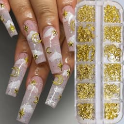 12-Grid Box of 3D Golden Nail Art Decorations - Metallic Star, Moon, Heart, Triangle, Square Nai