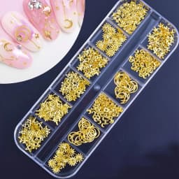 12-Grid Box of 3D Golden Nail Art Decorations - Metallic Star, Moon, Heart, Triangle, Square Nai