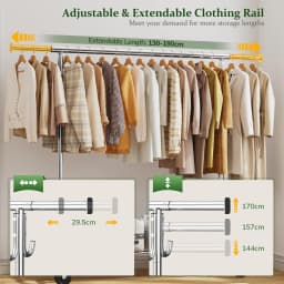 EnHomee 76"W Heavy-Duty Garment Rack – 450 Lbs Capacity, Lockable Wheels, Adjustable Height – For Bedroom, Laundry Room, or Closet