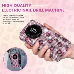 Pink Leopard Print Electric Nail Drill 35000RPM Portable Nail File Faster Removal Acrylic Nails & Large Battery Capacity