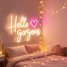 Hello Gorgeous Neon Sign with Pink Heart, Warm White LED Neon Light for Wall Decor, Aesthetic Bedroom & Party Decor, USB Powered