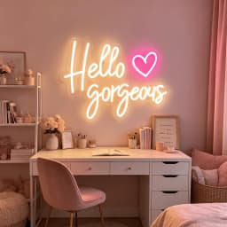 Hello Gorgeous Neon Sign with Pink Heart, Warm White LED Neon Light for Wall Decor, Aesthetic Bedroom & Party Decor, USB Powered