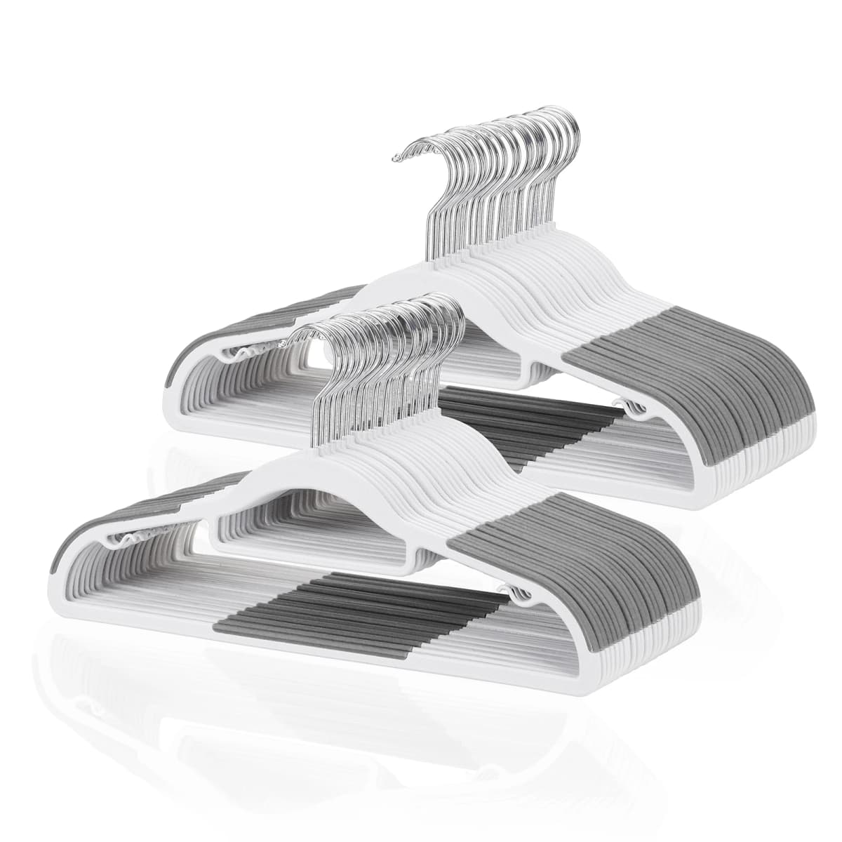 Pack of 30/50 Clothes Hangers, Space Saving Plastic Hangers, Non-Slip, 0.2 Inches Slim, 360° Swivel Silver Hook for Shirts, Pants & Wet/Dry Garments, White and Dark Gray